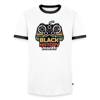 Manette de jeu rétro du Mois de l’Histoire des Noirs - T-shirt contrasté Homme - blanc/noir - Devant - AI Model Female 172 light (172cm) & AI Model Male 178 dark (178cm)