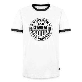 January 1956 | Aged to perfection | Birthday - Men's Ringer Shirt - white/black - Front - AI Model Female 172 light (172cm) & AI Model Male 178 dark (178cm)