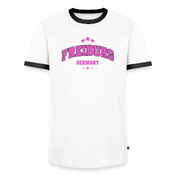 Emblème de la ville rose de Fribourg - T-shirt contrasté Homme - blanc/noir - Devant - AI Model Female 172 light (172cm) & AI Model Male 178 dark (178cm)