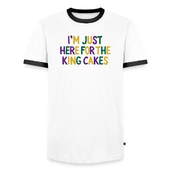 I'm Just Here for the King Cakes Mardi Gras Fun - Men's Ringer Shirt - white/black - Front - AI Model Female 172 light (172cm) & AI Model Male 178 dark (178cm)
