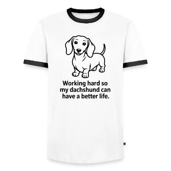 Lustiger Dackelhund – Arbeitet hart für meinen Doxie - Männer Kontrast-T-Shirt - Weiß/Schwarz - Vorne - AI Model Female 172 light (172cm) & AI Model Male 178 dark (178cm)