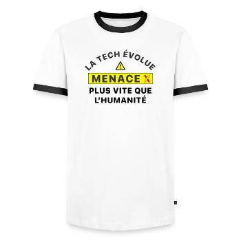 MenaceX_la_tech_evolue_plus_vite_que_l-humanite - T-shirt contrasté Homme - blanc/noir - Devant - AI Model Female 172 light (172cm) & AI Model Male 178 dark (178cm)