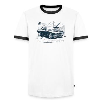 Oldtimer-Bauplan, 1970er Auto, europäisches Auto - Männer Kontrast-T-Shirt - Weiß/Schwarz - Vorne - AI Model Female 172 light (172cm) & AI Model Male 178 dark (178cm)