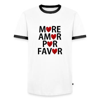 Heart Sweater Hoddie Shirt more amor por favor - Men's Ringer Shirt - white/black - Front - AI Model Female 172 light (172cm) & AI Model Male 178 dark (178cm)