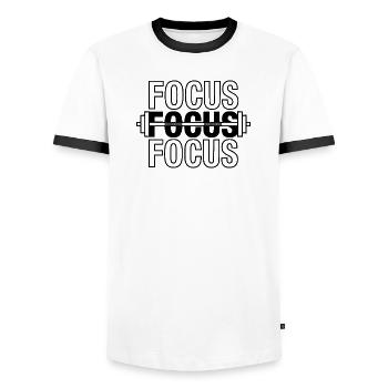 FOCUS Gym Motivation Barbell - Men's Ringer Shirt - white/black - Front - AI Model Female 172 light (172cm) & AI Model Male 178 dark (178cm)