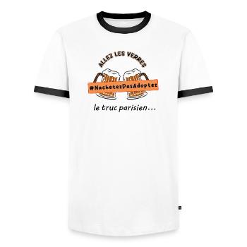 Allez_les_verres_hashtag_adoption_animale - T-shirt contrasté Homme - blanc/noir - Devant - AI Model Female 172 light (172cm) & AI Model Male 178 dark (178cm)