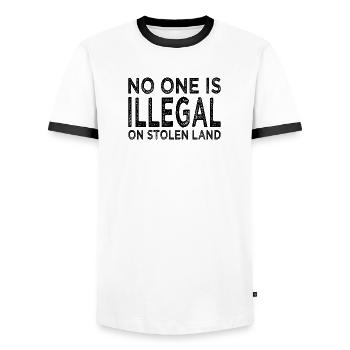 No One Is Illegal On Stolen Land - Illegality - Men's Ringer Shirt - white/black - Front - AI Model Female 172 light (172cm) & AI Model Male 178 dark (178cm)