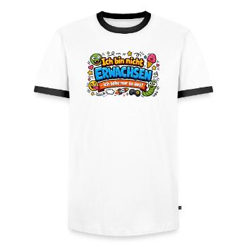 Ich bin nicht erwachsen Spruch Cartoon - Männer Kontrast-T-Shirt - Weiß/Schwarz - Vorne - AI Model Female 172 light (172cm) & AI Model Male 178 dark (178cm)