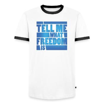 Freiheit Blau Blockschrift - Männer Kontrast-T-Shirt - Weiß/Schwarz - Vorne - AI Model Female 172 light (172cm) & AI Model Male 178 dark (178cm)