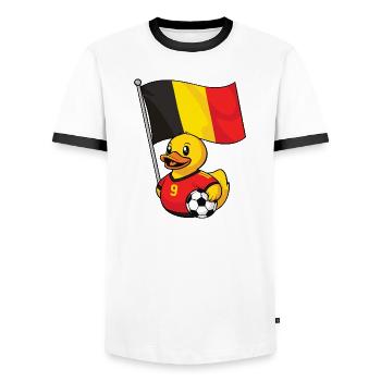 Belgien Fußball Fan Shirt für echte Fans - Männer Kontrast-T-Shirt - Weiß/Schwarz - Vorne - AI Model Female 172 light (172cm) & AI Model Male 178 dark (178cm)