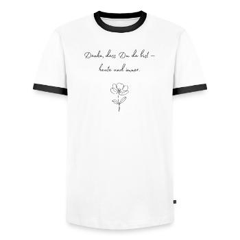Danke, dass Du da bist — Blüte - Männer Kontrast-T-Shirt - Weiß/Schwarz - Vorne - AI Model Female 172 light (172cm) & AI Model Male 178 dark (178cm)