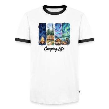Camping Life Watercolor Adventure with Tent trees - Men's Ringer Shirt - white/black - Front - AI Model Female 172 light (172cm) & AI Model Male 178 dark (178cm)