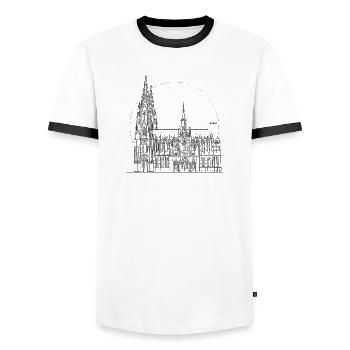 Köln Dom – Line Art PLZ - Männer Kontrast-T-Shirt - Weiß/Schwarz - Vorne - AI Model Female 172 light (172cm) & AI Model Male 178 dark (178cm)