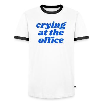 crying at the office - Männer Kontrast-T-Shirt - Weiß/Schwarz - Vorne - AI Model Female 172 light (172cm) & AI Model Male 178 dark (178cm)