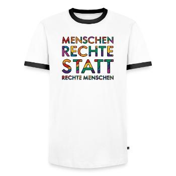 Menschenrechte Spruch für Aktivisten gegen rechts - Männer Kontrast-T-Shirt - Weiß/Schwarz - Vorne - AI Model Female 172 light (172cm) & AI Model Male 178 dark (178cm)