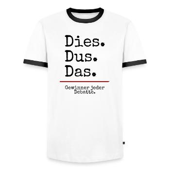Dies Dus Das Debatte (weiß) - Männer Kontrast-T-Shirt - Weiß/Schwarz - Vorne - AI Model Female 172 light (172cm) & AI Model Male 178 dark (178cm)