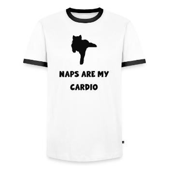 Cat Yoga: Naps Are Cardio - Men's Ringer Shirt - white/black - Front - AI Model Female 172 light (172cm) & AI Model Male 178 dark (178cm)