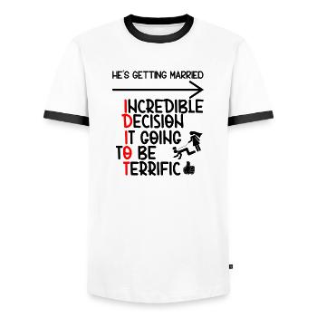Funny Groomsmen Bachelor Party Idiot - Men's Ringer Shirt - white/black - Front - AI Model Female 172 light (172cm) & AI Model Male 178 dark (178cm)