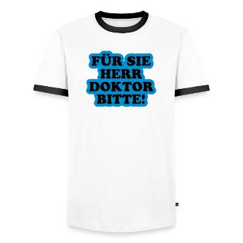 Für Sie Herr Doktor bitte | Promoviert - Men's Ringer Shirt - white/black - Front - AI Model Female 172 light (172cm) & AI Model Male 178 dark (178cm)