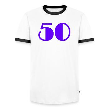 50. 50 YEARS. 50th ANNIVERSARY. BIRTHDAY 50 YEARS. - Men's Ringer Shirt - white/black - Front - AI Model Female 172 light (172cm) & AI Model Male 178 dark (178cm)