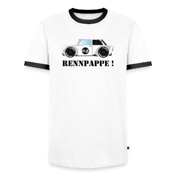 RENNPAPPE! Retro Rallye Auto Design - Männer Kontrast-T-Shirt - Weiß/Schwarz - Vorne - AI Model Female 172 light (172cm) & AI Model Male 178 dark (178cm)