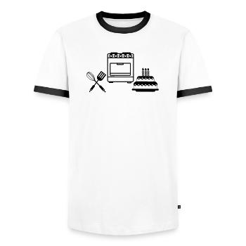 Bake a cake - Men's Ringer Shirt - white/black - Front - AI Model Female 172 light (172cm) & AI Model Male 178 dark (178cm)