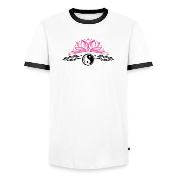 Lotus mit Yin & Yang Symbol - T-shirt contrasté Homme - blanc/noir - Devant - AI Model Female 172 light (172cm) & AI Model Male 178 dark (178cm)