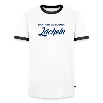 Einatmen - Ausatmen - Lächeln - Männer Kontrast-T-Shirt - Weiß/Schwarz - Vorne - AI Model Female 172 light (172cm) & AI Model Male 178 dark (178cm)