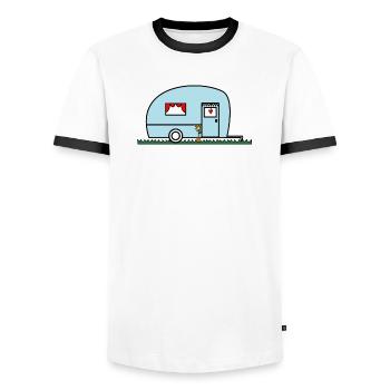 HOLIDAY. HAPPY HOLIDAYS. MISTRESS. MASTER. TEACHER - Men's Ringer Shirt - white/black - Front - AI Model Female 172 light (172cm) & AI Model Male 178 dark (178cm)