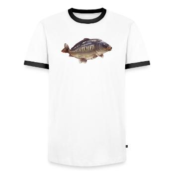 Mirror Carp Fishing Design Realistic Angler  - Men's Ringer Shirt - white/black - Front - AI Model Female 172 light (172cm) & AI Model Male 178 dark (178cm)