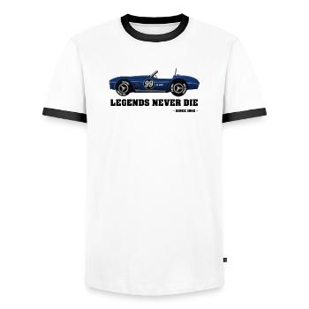 Legends Never Die – Classic Racer 1962 - Men's Ringer Shirt - white/black - Front - AI Model Female 172 light (172cm) & AI Model Male 178 dark (178cm)
