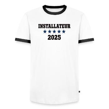 2025 Plumber Occupation Plumber Job Work - Men's Ringer Shirt - white/black - Front - AI Model Female 172 light (172cm) & AI Model Male 178 dark (178cm)