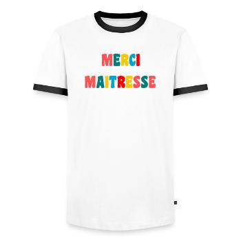 MAÎTRESSE. MERCI. MERCI MAÎTRESSE - T-shirt contrasté Homme - blanc/noir - Devant - AI Model Female 172 light (172cm) & AI Model Male 178 dark (178cm)