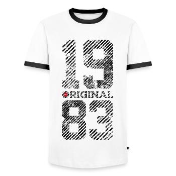 43RD BIRTHDAY VINTAGE ORIGINAL 1983 - Men's Ringer Shirt - white/black - Front - AI Model Female 172 light (172cm) & AI Model Male 178 dark (178cm)