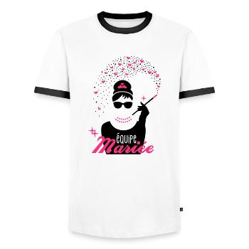 team bride - bride - EVJF - tiffany - Men's Ringer Shirt - white/black - Front - AI Model Female 172 light (172cm) & AI Model Male 178 dark (178cm)