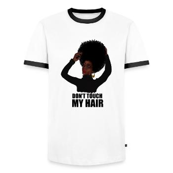 Femme africaine, ne touchez pas à mes cheveux afro - T-shirt contrasté Homme - blanc/noir - Devant - AI Model Female 172 light (172cm) & AI Model Male 178 dark (178cm)