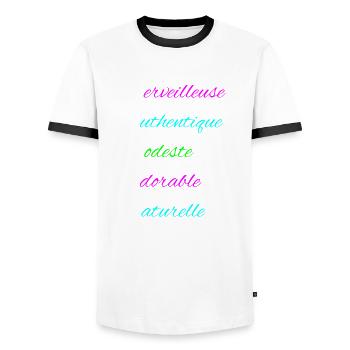 Maman merveilleuse authentique modeste adorable - T-shirt contrasté Homme - blanc/noir - Devant - AI Model Female 172 light (172cm) & AI Model Male 178 dark (178cm)