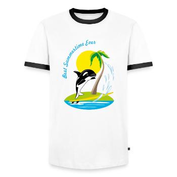 Baleine orque de dessin animé souriante sur une planche de surf - T-shirt contrasté Homme - blanc/noir - Devant - AI Model Female 172 light (172cm) & AI Model Male 178 dark (178cm)