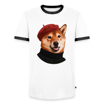Shiba Hund mit Mütze und Pullover - Männer Kontrast-T-Shirt - Weiß/Schwarz - Vorne - AI Model Female 172 light (172cm) & AI Model Male 178 dark (178cm)