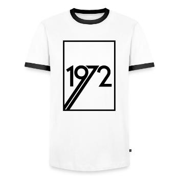 70s born 1972 Birthday - Men's Ringer Shirt - white/black - Front - AI Model Female 172 light (172cm) & AI Model Male 178 dark (178cm)