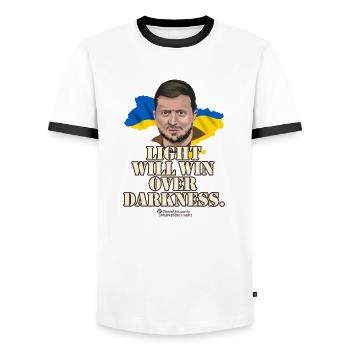 Zelensky T-Shirt Design Quote Light Darkness - Men's Ringer Shirt - white/black - Front - AI Model Female 172 light (172cm) & AI Model Male 178 dark (178cm)