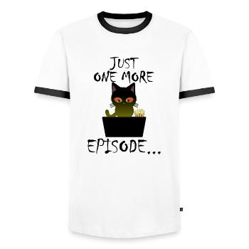 Just One More Episode - Binge Watch Katze - Männer Kontrast-T-Shirt - Weiß/Schwarz - Vorne - AI Model Female 172 light (172cm) & AI Model Male 178 dark (178cm)