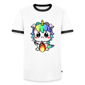 00221 süßes Drachen Einhorn Baby spielt mit Feuer - Männer Kontrast-T-Shirt - Weiß/Schwarz - Vorne - AI Model Female 172 light (172cm) & AI Model Male 178 dark (178cm)