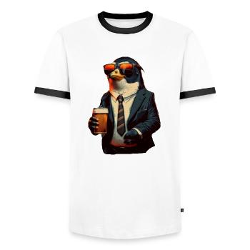 Sonnenbrille, Anzug und Bier. Cooler Pinguin - Männer Kontrast-T-Shirt - Weiß/Schwarz - Vorne - AI Model Female 172 light (172cm) & AI Model Male 178 dark (178cm)