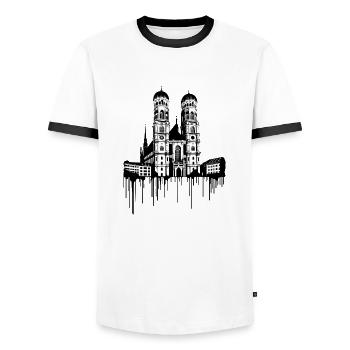 Frauenkirche in Munich | Street Art Banksy Style - Men's Ringer Shirt - white/black - Front - AI Model Female 172 light (172cm) & AI Model Male 178 dark (178cm)