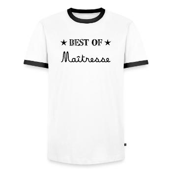 MISTRESS. THANK YOU. THANK YOU MISTRESS - Men's Ringer Shirt - white/black - Front - AI Model Female 172 light (172cm) & AI Model Male 178 dark (178cm)