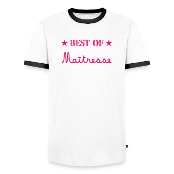 MISTRESS. THANK YOU. THANK YOU MISTRESS - Men's Ringer Shirt - white/black - Front - AI Model Female 172 light (172cm) & AI Model Male 178 dark (178cm)