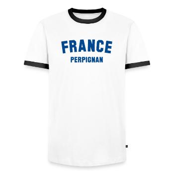 PERPIGNAN, France, France - Men's Ringer Shirt - white/black - Front - AI Model Female 172 light (172cm) & AI Model Male 178 dark (178cm)