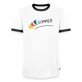 HOLIDAY. HAPPY HOLIDAYS. MISTRESS. MASTER. TEACHER - Men's Ringer Shirt - white/black - Front - AI Model Female 172 light (172cm) & AI Model Male 178 dark (178cm)