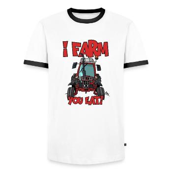 I farm you eat IH - Men's Ringer Shirt - white/black - Front - AI Model Female 172 light (172cm) & AI Model Male 178 dark (178cm)
